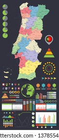 Portugal map and Infographics design elements. On Black. Business template in flat style for presentation, booklet, website and other creative projects.