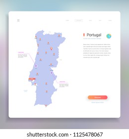 Portugal map infographics vector template with cities, capital Lisbon and pointer marks.
