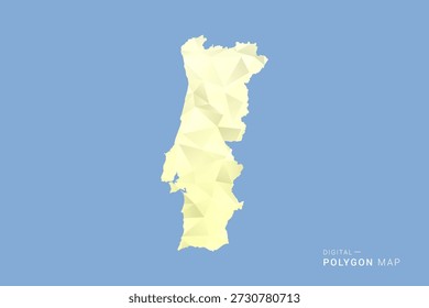 Mapa de Portugal en estilo de Vector de polígono bajo, ilustración de forma geométrica con tonos amarillos suaves sobre fondo azul, silueta limpia para infografía.