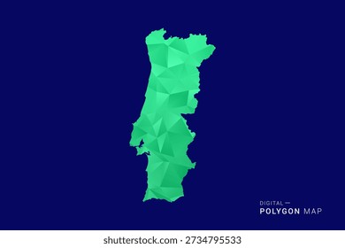 Mapa de Portugal - Vector de bajo polígono polivinílico, silueta triangulada geométrica en tonos verdes y azules, estilo moderno limpio, fondo aislado para uso infográfico.