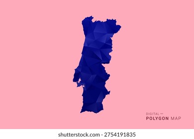 Portugal Map - Low poly polygon map in deep blue gradient on soft pink pastel background, modern minimal geometric design, clean digital vector illustration.