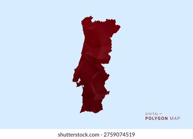 Portugal Map - Low poly polygon map in deep red gradient on light blue background, modern minimal geometric design, vector illustration with faceted triangulated style.