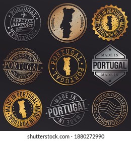 Portugal Map Metal Stamps. Gold Made In Product Seal. National Logo Icon. Symbol Design Insignia Country.