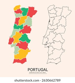 Portugal Mapa com distritos administrativos separados por multicores, camadas separadas editáveis, zonas e bordas. Mapa para apresentação. Ilustração vetorial