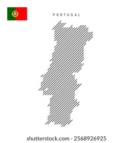 Portugal map from pattern of black slanted parallel lines. Portuguese map with gray diagonal lines. Silhouette of a country made of oblique hatching. Vector illustration isolated on white.