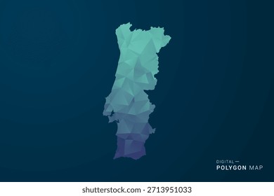 Portugal Map - Polygon Style Vector Illustration with Teal Blue Gradient, Low Poly Geometric Design, Digital and Technology Inspired, Clean Silhouette on Dark Background.