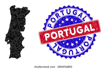 Portugal map polygonal mesh with filled triangles, and grunge bicolor stamp. Triangle mosaic Portugal map with mesh vector model, triangles have randomized sizes, and positions, and color tinges.