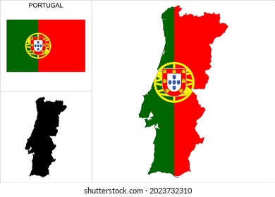 Portugal map with Portuguese flag background - Map as a black pattern and Portuguese flag available separately