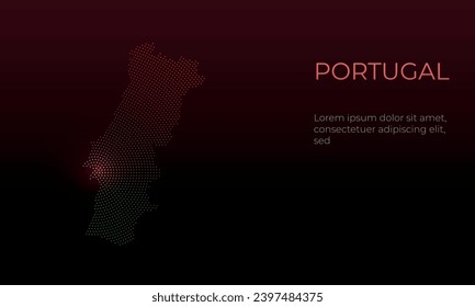 Portugal map radial dots pattern on a dark red gradient background with copy space on the side. Pattern centered in Lisbon. Modern Business Finance Design Concept. Portugal Silhouette Vector.
