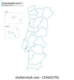 portugal map with regions vector line illustration on white background