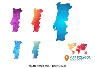 Portugal Map - Set of geometric rumpled triangular low poly style gradient graphic background , Map world polygonal design for your . Vector illustration eps 10.