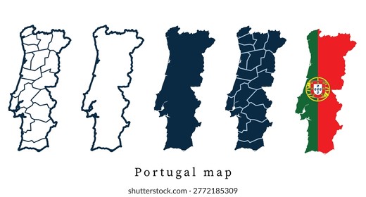 Portugal Map Set - Vector Outline, Silhouette, Flag and Administrative Districts
