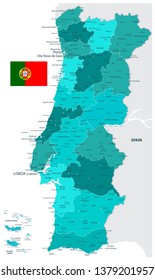 Portugal Map Teal Colors - Detailed map of Portugal vector illustration - All elements are separated in editable layers clearly labeled.