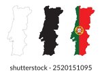 Portugal map in various style outline, icon, black color, border, flag colors. Europe country icons collection. Vector illustration