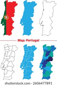Portugal map in various style outline, Portugal country map set. internal provinces borders marked, Simple map of Portugal vector drawing, Filled and outline.