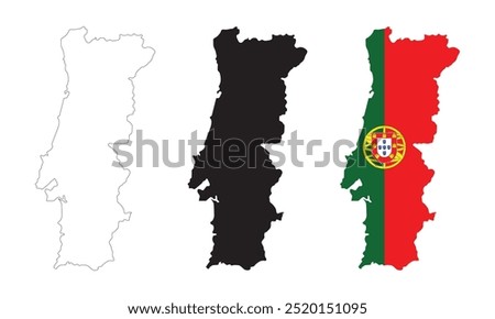 Portugal map in various style outline, icon, black color, border, flag colors. Europe country icons collection. Vector illustration