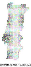 Portugal map. Vector abstraction of geographic plan. Regular pattern is combined with x-cross pixels in random colors. Abstract pixelated Portugal map designed for political and economical posters.