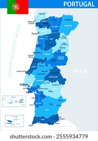 Portugal Map Vector Blue Spot - Customizable layered political map of Portugal with administrative divisions for website, education, reports, news, politics, print, poster and wallpaper