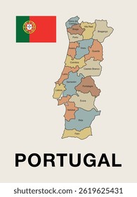 Portugal map. Vector Portugal map with flag isolated on beige background. With detailed regions. Perfect for educational, geographical, and travel-related projects.