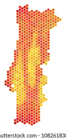 Portugal map. Vector hexagon territorial plan in hot color variations. Impressive Portugal map composition is constructed of fired hex tile blots.