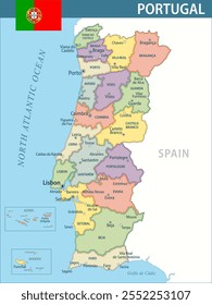 Portugal Map Vetor Novo 2024 Colorido - Personalizável em camadas mapa político de Portugal com divisões administrativas para site, educação, relatórios, notícias, política, impressão, cartaz e papel de parede