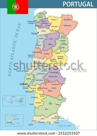 Portugal Map Vector New 2024 Colorful - Customizable layered political map of Portugal with administrative divisions for website, education, reports, news, politics, print, poster and wallpaper