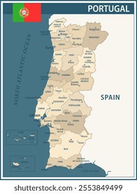 Portugal Map Vector Vintage Dark Blue Beige - Customizable layered political map of Portugal with administrative divisions for website, education, reports, news, politics, print, poster and wallpaper