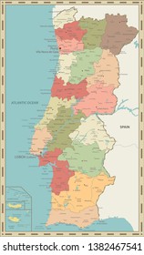 Portugal Map Vintage Color - Detailed map of Portugal vector illustration - All elements are separated in editable layers clearly labeled.