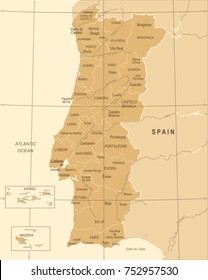 Portugal Map - Vintage Detailed Vector Illustration