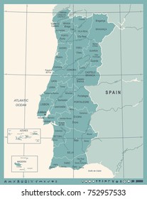 Portugal Map - Vintage Detailed Vector Illustration