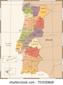 Portugal Map - Vintage High Detailed Vector Illustration