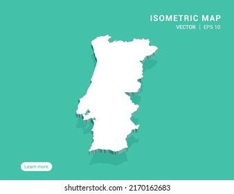 Portugal map white on green background with 3d isometric vector illustration.