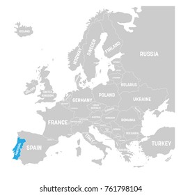 Portugal marked by blue in grey political map of Europe. Vector illustration.