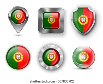 Portugal Metal and Glass Flag Badges, Buttons, Map marker pin and Shields. Vector illustrations