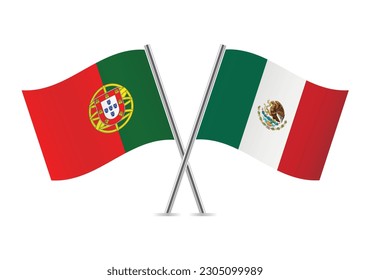 Portugal and Mexico flags. Portuguese and Mexican flags, isolated on a white background. Vector illustration.