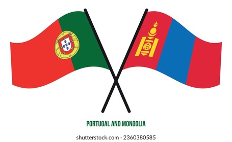Portugal and Mongolia Flags Crossed And Waving Flat Style. Official Proportion. Correct Colors.