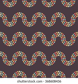 Portugal mosaic inspired seamless tiled geometric wavy chocolate color background of colorful circles in garland. Beads. Dotted pattern. Vector Illustration. 
