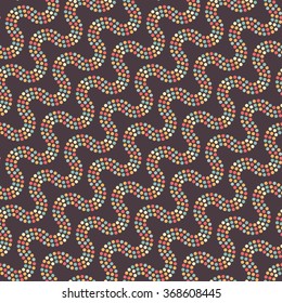 Portugal mosaic inspired seamless tiled geometric wavy chocolate color background of colorful circles in garland. Beads. Dotted pattern. Vector Illustration. 