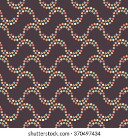 Portugal mosaic inspired seamless tiled geometric wavy chocolate color background of colorful circles in garland. Beads. Dotted pattern. Vector Illustration. 