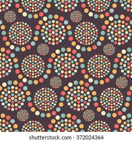 Portugal mosaic inspired seamless tiled geometric wavy chocolate color background of colorful small and big circles in garland. Dotted pattern. Vector Illustration. 