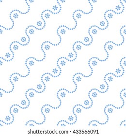 Portugal mosaic inspired seamless tiled geometric wavy background of blue small and big circles and flowers in garland. Dotted pattern. Vector Illustration. 