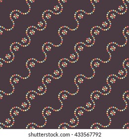 Portugal mosaic inspired seamless tiled geometric wavy chocolate color background of colorful small and big circles and flowers in garland. Dotted pattern. Vector Illustration. 