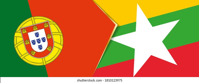 Die Flaggen Portugals und Myanmars, zwei Vektorflaggen, Symbol für Beziehung oder Konfrontation.