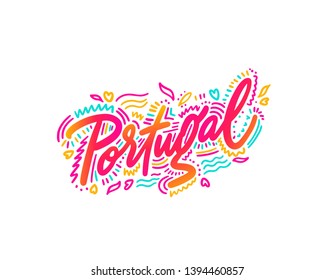 Portugal. Name country word text card, banner script. Beautiful typography inscription greeting calligraphy poster black, gold ribbon, star. Handwritten design modern brush lettering isolated vector.