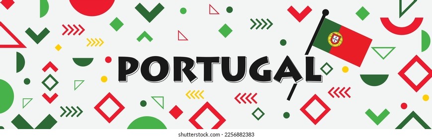 Portugal national day banner design. Portuguese flag and map theme with Lisbon landmarks background. Abstract geometric retro shapes of red and green color. Vector illustration. Portuguesa.

