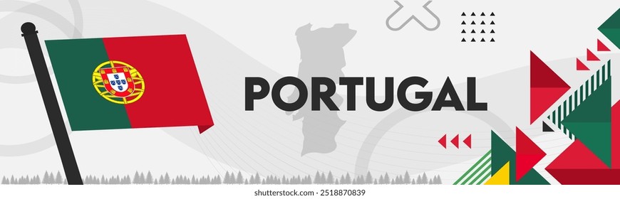 Diseño de Anuncio del día nacional de Portugal. Bandera portuguesa y fondo del tema del mapa. Abstractas Formas geométricas retro. Ilustración vectorial. Portuguesa.