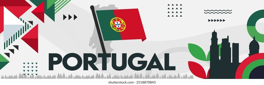 Diseño de Anuncio del día nacional de Portugal. Bandera portuguesa y fondo del tema del mapa. Abstractas Formas geométricas retro. Ilustración vectorial. Portuguesa.