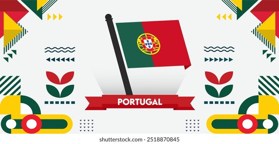 Diseño de Anuncio del día nacional de Portugal. Bandera portuguesa y fondo del tema del mapa. Abstractas Formas geométricas retro. Ilustración vectorial. Portuguesa.