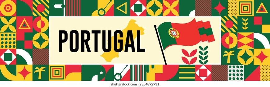 Portugal national day banner with map, flag colors theme background and geometric abstract retro modern Red and blue color design. abstract modern design.