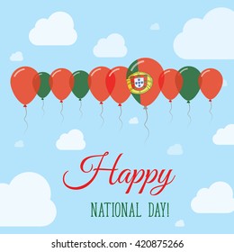 Portugal National Day Flat Patriotic Poster. Row of Balloons in Colors of the Portuguese flag. Happy National Day Portugal Card with Flags, Balloons, Clouds and Sky.